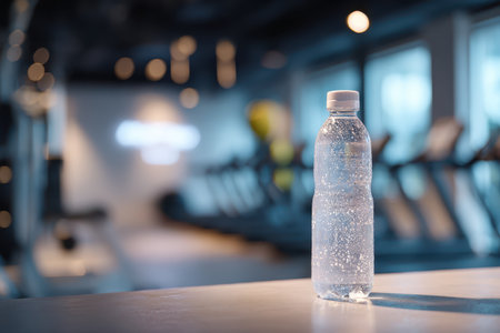 A clear water bottle sits on a table in a modern gym, surrounded by fitness equipment. The design emphasizes health and hydration in an active environment.の素材
