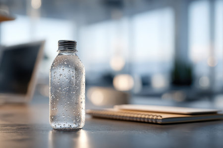 A clear water bottle with condensation sits on a wooden table, creating an inviting atmosphere in an office workspace. Ideal for wellness and hydration concepts.の素材