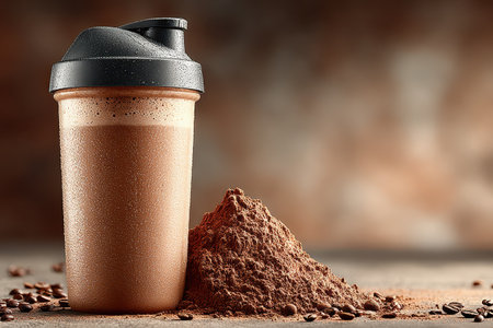 A chocolate protein shake in a shaker accompanied by cocoa powder creates a strong visual appeal. Ideal for fitness and nutrition concepts.の素材