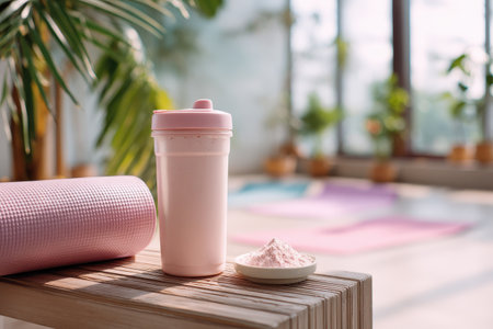 A pink protein shake container on a wooden table, accompanied by powder and a workout mat, captures the essence of health and fitness lifestyle in a serene indoor setting.の素材