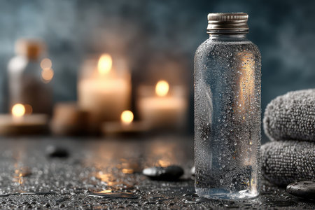 A beautifully arranged scene featuring a clear water bottle with dew drops, set against a serene spa backdrop of glowing candles and soft towels.の素材