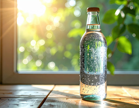 A beautiful glass bottle filled with water sits on a wooden table, illuminated by soft sunlight. The condensation adds freshness, perfect for a refreshing drink.の素材