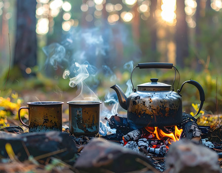 A serene campfire scene featuring a smoky kettle and rustic mugs, enveloped in the warm glow of the sun filtering through a lush forest, perfect for outdoor adventures.の素材