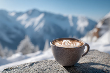 A beautifully crafted cup of coffee with latte art rests on a rock, set against a breathtaking snowy mountain backdrop, evoking feelings of warmth and serenity.の素材