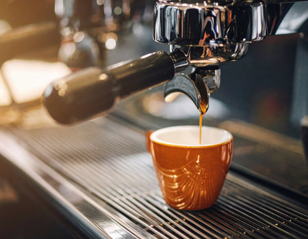 An inviting close-up captures espresso brewing from a coffee machine into a stylish brown cup. Perfect for coffee lovers and barista enthusiasts.の素材
