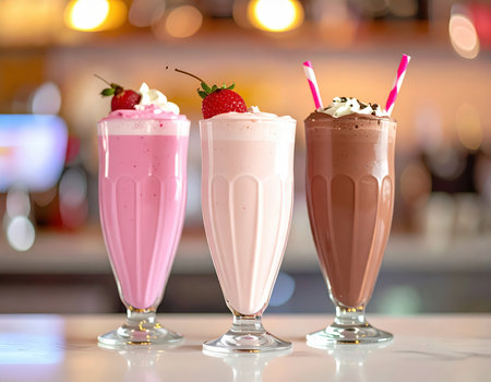 A vibrant trio of colorful milkshakes showcasing pink, chocolate, and whipped cream. Perfect for summer refreshment or dessert indulgence at any gathering.の素材