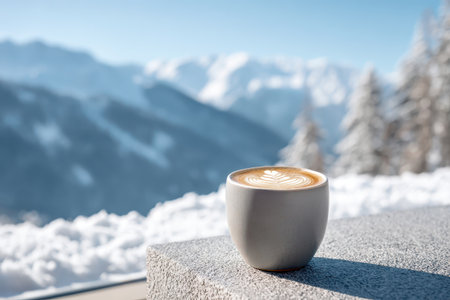 A cozy coffee cup sits on a snowy table, offering warmth against stunning mountain scenery. This winter image captures tranquility and relaxation.の素材