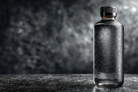 A clear water bottle with condensation sits against a textured gray background, showcasing its sleek design and inviting transparency, perfect for hydration themes.の素材