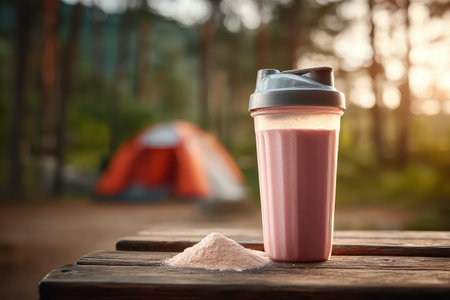 A protein shake sits on a rustic wooden table next to a tent during sunset, highlighting the blend of fitness and outdoor adventure in nature. Perfect for health enthusiasts.の素材