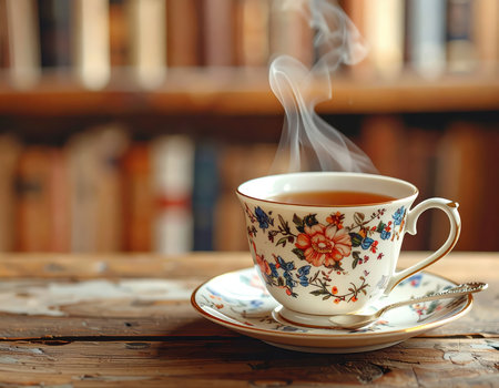 A charming tea cup with elegant floral design, steaming with a warm beverage. The cozy setting highlights vintage books in the background, creating a relaxing atmosphere perfect for enjoying tea.の素材