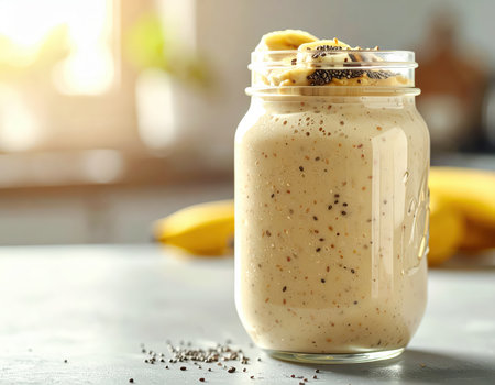 A refreshing banana smoothie in a clear jar, topped with chia seeds, perfect for a delicious breakfast or snack. Enjoy this healthy treat today!の素材