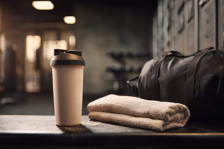 A dynamic fitness scene featuring a coffee cup, a towel, and a gym bag set against a modern gym backdrop. Perfect for health and wellness themes.の素材