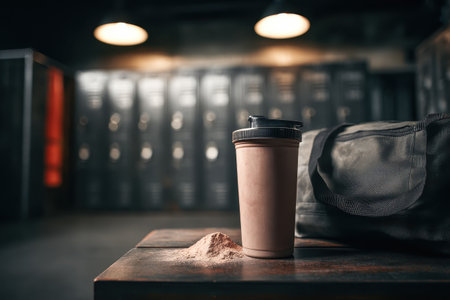 A close-up of a fitness drink container beside powder on a wooden table in a gym locker room. The background features blurred lockers, creating a motivating workout atmosphere.の素材