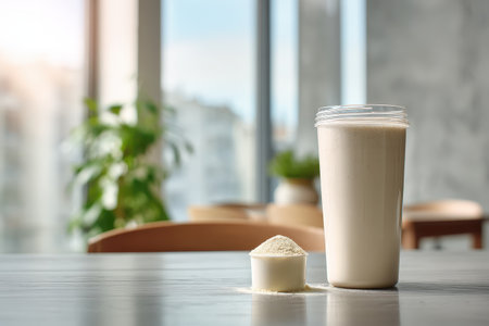 A refreshing smoothie in a tall glass and a scoop of protein powder sit on a modern kitchen table, illustrating an engaging wellness lifestyle and nutrition concept.の素材