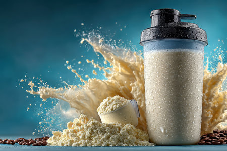 A refreshing protein shake sits in a shaker amidst dramatic splashes and scattered coffee beans, offering a perfect blend for fitness enthusiasts seeking nutrition and energy.の素材
