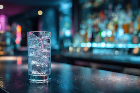A refreshing glass of ice water sits on a dark bar counter, illuminated by colorful lights in the background, creating a modern nightlife ambiance perfect for relaxation.の素材