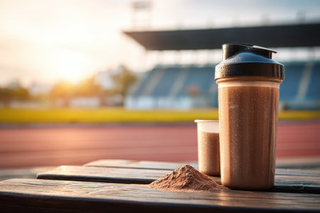 A protein shake and a smoothie sit on a rustic wooden table during sunset near a running track, highlighting a focus on health and fitness.の素材
