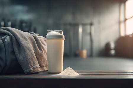 A protein shake container sits on a wooden bench next to a towel in a modern gym. Ideal for fitness enthusiasts, this image captures health, nutrition, and motivation.の素材
