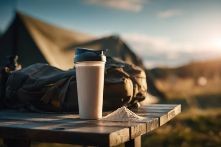 A protein shake waits on a wooden table near a backpack at a sunset campsite. Ideal for outdoor enthusiasts seeking nourishment during adventures.の素材