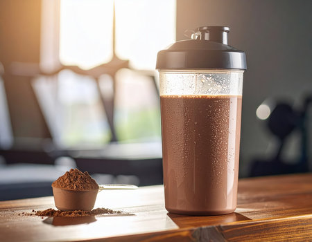A protein shake and powder sit on a wooden table in a gym setting. The sunlight pours in, perfect for a refreshing post-workout drink or meal.の素材