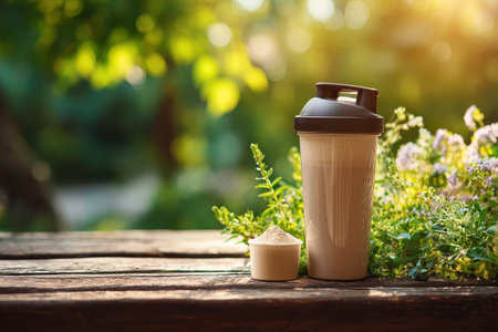 A protein shake in a shaker bottle sits on a rustic wooden table surrounded by vibrant flowers. This image captures the essence of healthy living in a serene, natural setting.の素材