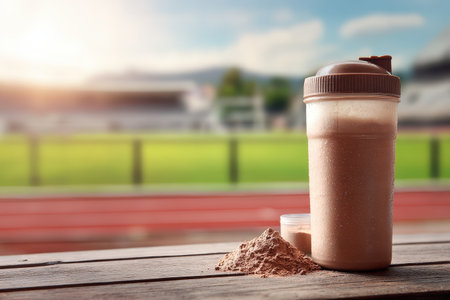 A protein shake bottle and powder sit on a wooden table, with a vibrant outdoor sports field in the background, perfect for fitness enthusiasts and active lifestyles.の素材