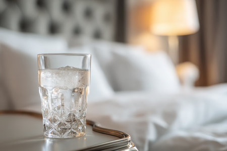 A refreshing glass of water with ice sits on a nightstand in a cozy bedroom, creating an inviting and peaceful atmosphere perfect for relaxation and comfort.の素材