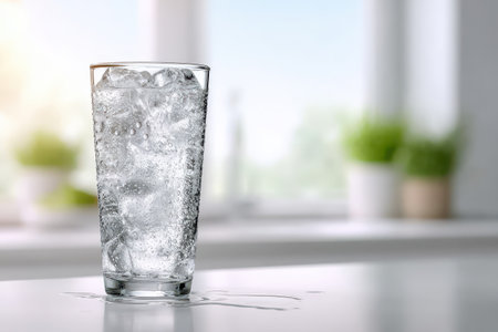 A refreshing glass of water filled with ice sits on a bright kitchen countertop, showcasing beautiful condensation and a cool, inviting appearance to quench thirst.の素材