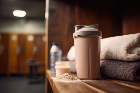 A well-arranged gym scene featuring a protein shaker bottle, towels, and powder, emphasizing fitness and wellness preparation for a workout session.の素材
