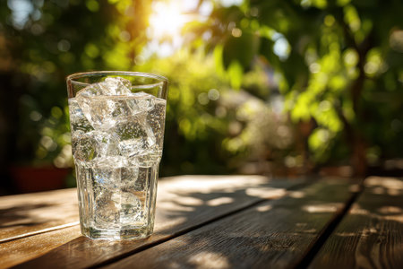 A refreshing glass filled with ice cubes, sitting on a wooden table in a vibrant outdoor setting, captures the essence of summer relaxation and hydration.の素材