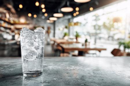 A clear glass filled with ice water sits on a stone table in a cozy cafe, capturing a refreshing moment perfect for promoting hydration and relaxation.の素材