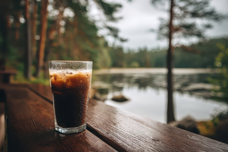 A refreshing cold beverage sits on a wooden table beside a calm lake, surrounded by tall trees. The serene environment evokes a sense of tranquility and relaxation, perfect for summer enjoyment.の素材