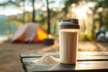A protein shake in a container sits on a wooden table, with a scenic camping tent in the background, evoking a sense of outdoor adventure and health.の素材