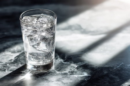 A glass filled with ice and water sits on a dark marble surface, creating a refreshing and elegant look. Perfect for hydration visuals and modern lifestyle themes.の素材