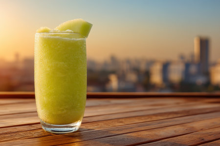 A vibrant green melon slush drink sits in a glass on a wooden table, backdropped by a blurred city skyline at sunset, evoking a refreshing summer vibe.の素材