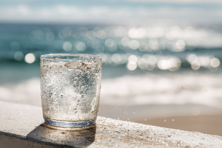 A close-up view of a glass filled with sparkling water resting by the beach, showcasing droplets and the ocean in the background, perfect for summer refreshment.の素材