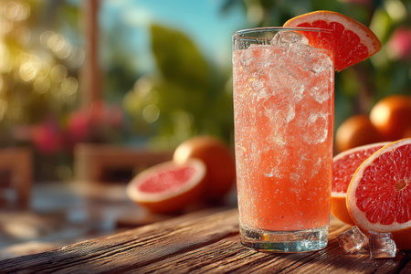 A refreshing grapefruit drink served in a tall glass with ice, surrounded by fresh fruit in a vibrant summer garden setting. Perfect for warm days.の素材