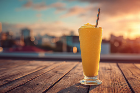A vibrant mango smoothie served in a tall glass with a straw, set against a stunning sunset backdrop. Perfect for summer refreshment.の素材