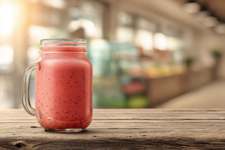 A delightful strawberry smoothie served in a glass jar sits atop a rustic wooden table. The soft sunlight creates a warm ambiance, enhancing the vibrant color of the drink. Perfect for a refreshing treat or healthy snack.の素材