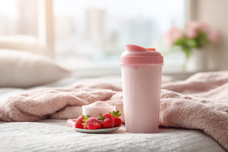 A refreshing pink protein shake beside strawberries on a cozy bedside table evokes a sense of wellness and comfort in a beautiful indoor setting.の素材