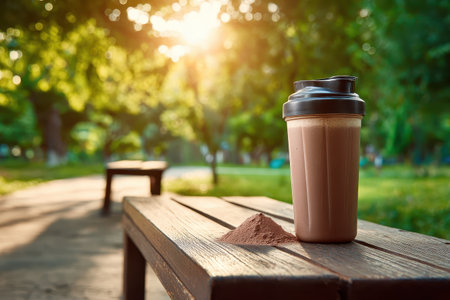 A refreshing protein shake sits on a wooden table in the park, accompanied by cocoa powder. The sunset casts a warm glow, creating a serene atmosphere perfect for relaxation and wellness.の素材