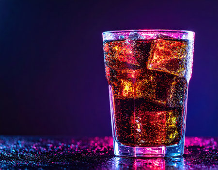 A refreshing sparkling beverage served in a glass with ice cubes, illuminated by dramatic colorful lighting. Perfect for social gatherings and celebrations.の素材