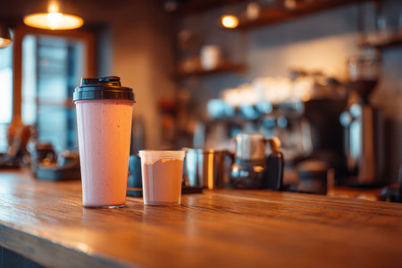 Two smoothies sit on a rustic wooden counter in a warm cafe. A tall glass and a small cup showcase delicious, colorful drinks, perfect for nourishment and refreshment.の素材