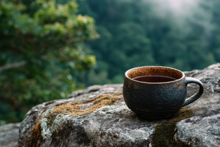 A serene image of a rustic coffee cup resting on a rugged stone surface, surrounded by a breathtaking lush green forest. Ideal for themes of relaxation and nature.の素材