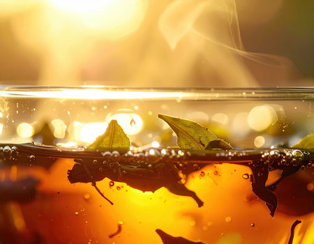 A close-up view of brewed tea with fresh leaves, showcasing steam rising in warm light. This image captures a soothing moment, ideal for wellness and relaxation themes.の素材