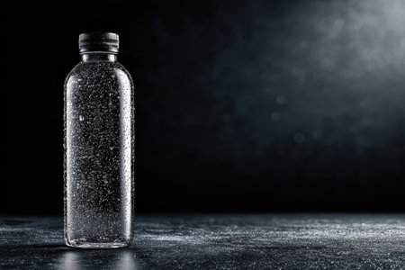 A clear plastic water bottle adorned with droplets, set against a dark backdrop. This image evokes freshness, health, and hydration in a minimalist style perfect for advertisements.の素材