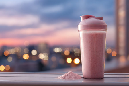 A vibrant pink protein shake in a blender bottle sits on a table at sunset. The blurred city lights in the background create a cozy and inviting atmosphere perfect for a fitness lifestyle.の素材