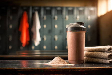 A focused shot featuring a protein shake, towel, and powdered supplement on a rustic wooden table in a gym locker room, embodying fitness and wellness.の素材