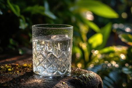 A clear crystal glass filled with fresh ice water sits amidst lush green foliage. The natural light enhances the refreshing appearance, inviting hydration.の素材