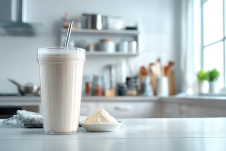 A refreshing smoothie served in a clear glass next to a bowl of protein powder on a kitchen table, showcasing a healthy lifestyle and wellness preparation.の素材